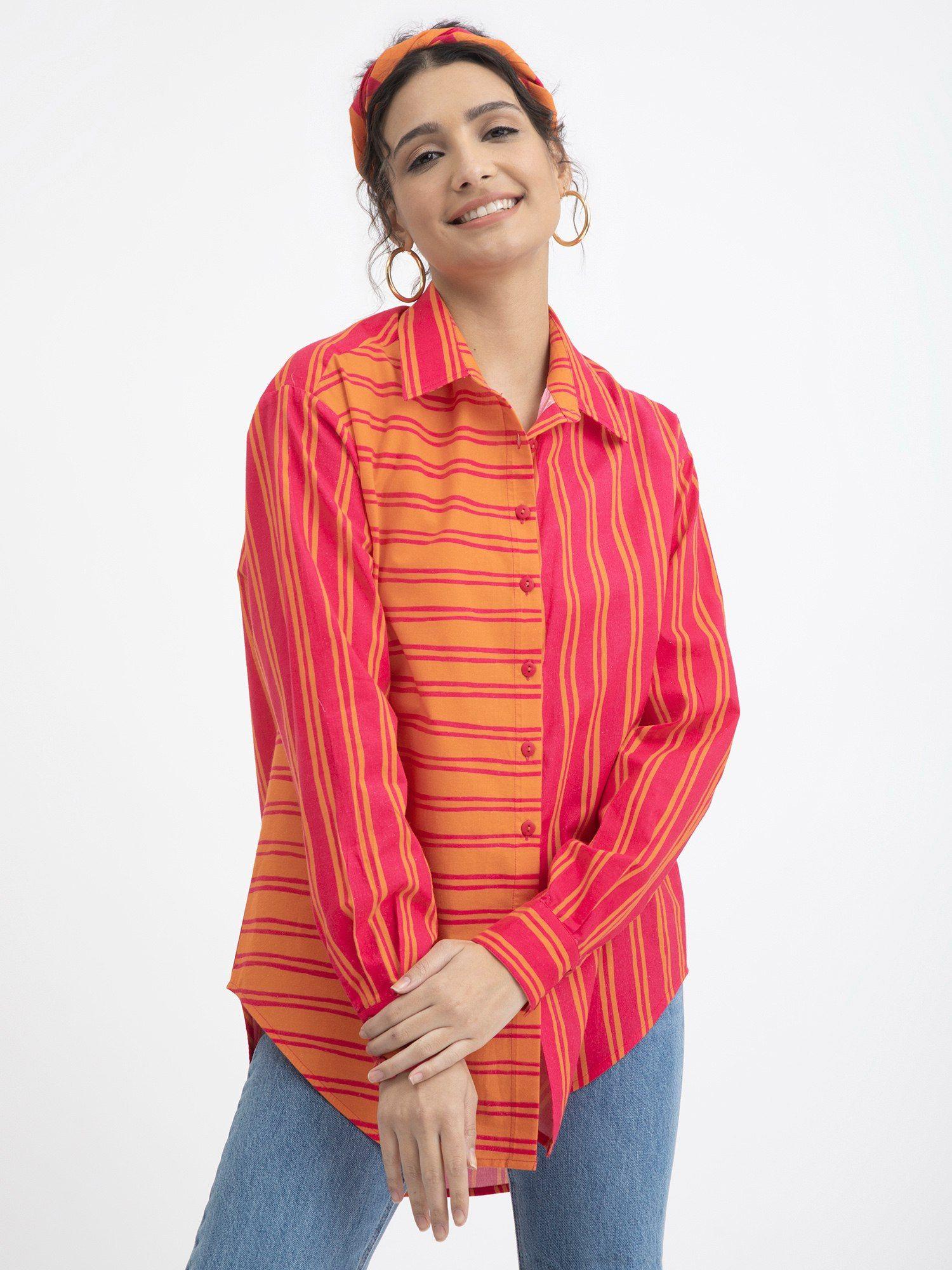 cotton poplin stripes shirt collar pink & orange