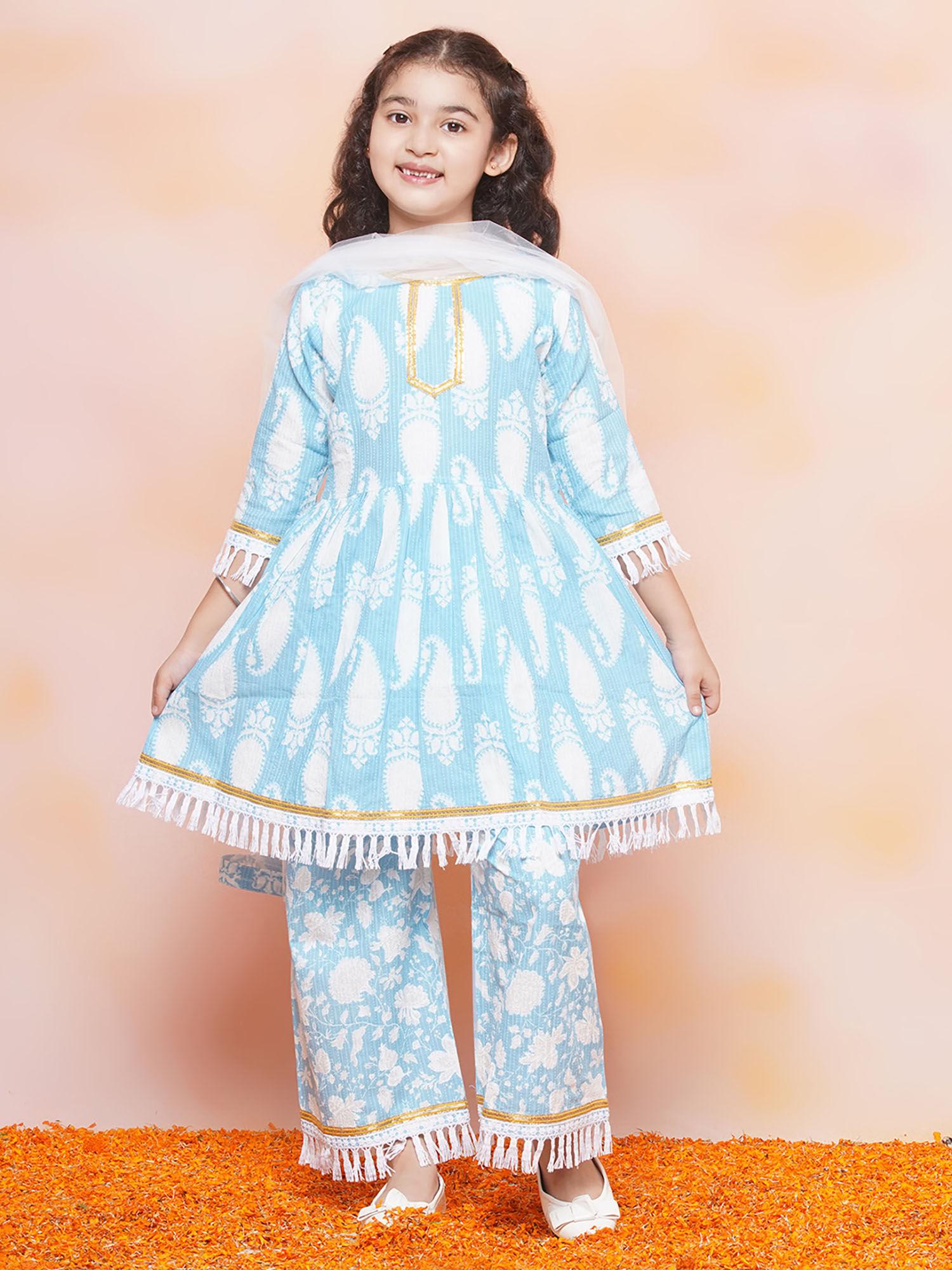 cotton printed 3/4th sleeve blue kurta with pant for girls (set of 3)
