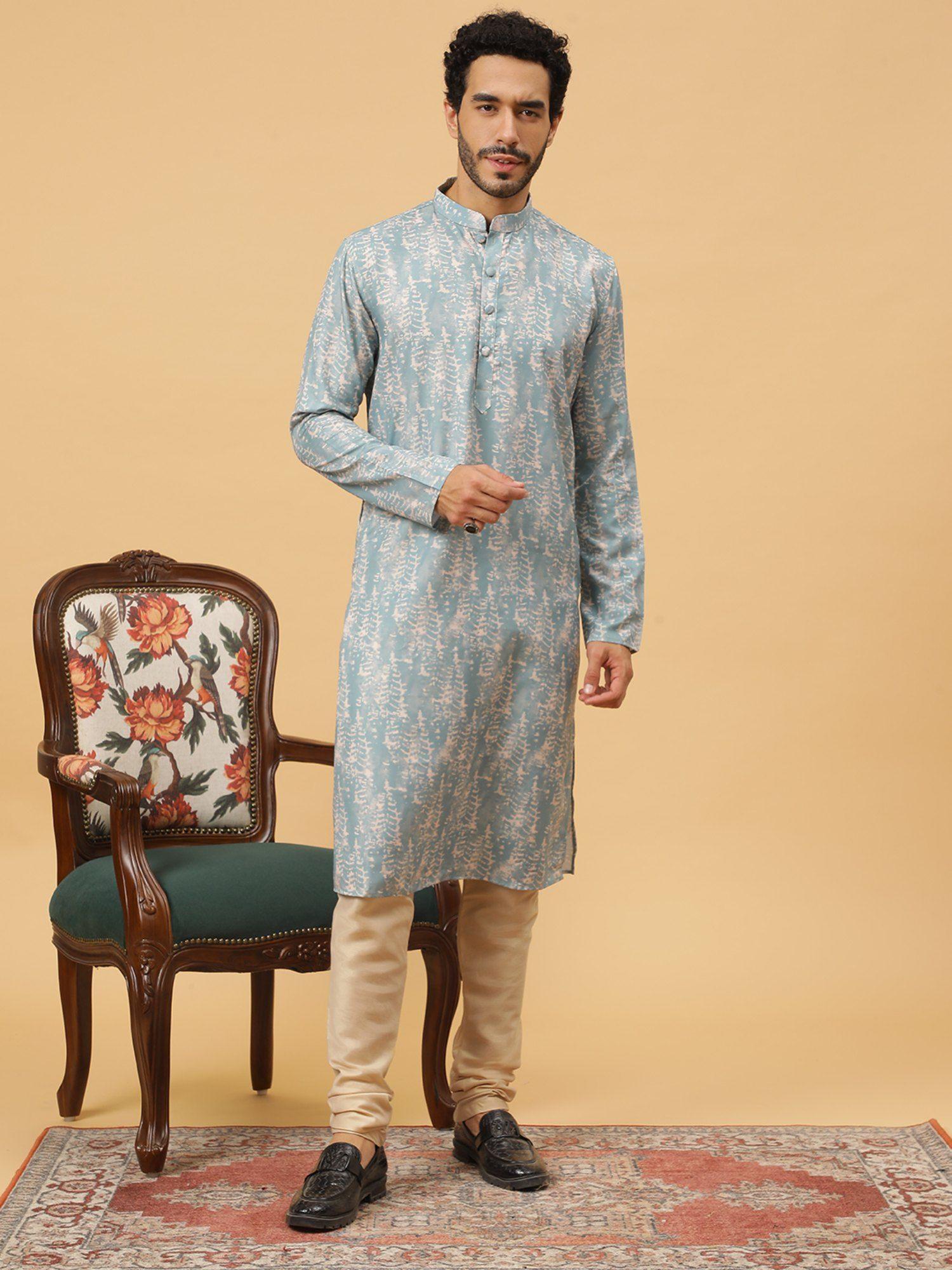 cotton printed blue ethnicwear men kurta