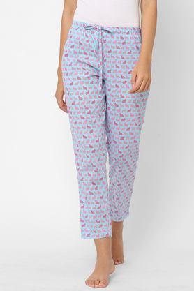 cotton printed blue regular fit mid rise women's pyjama - light blue