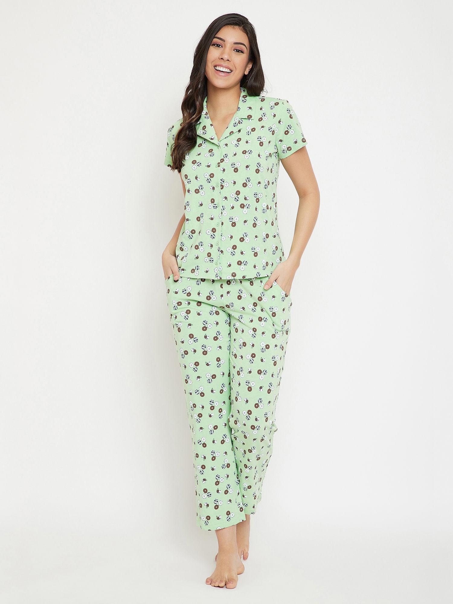 cotton printed button down shirt & pyjama set - green