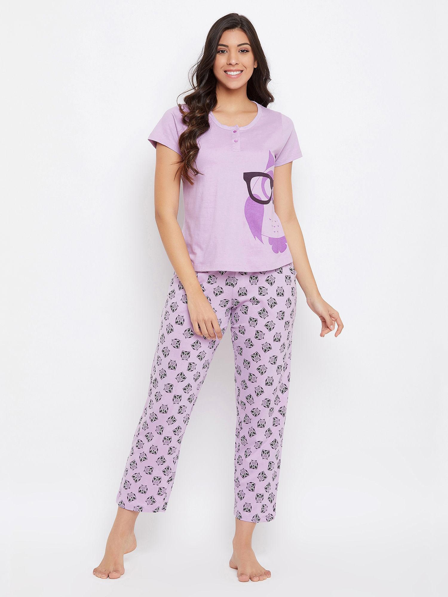 cotton printed button t-shirt & pyjama set - purple