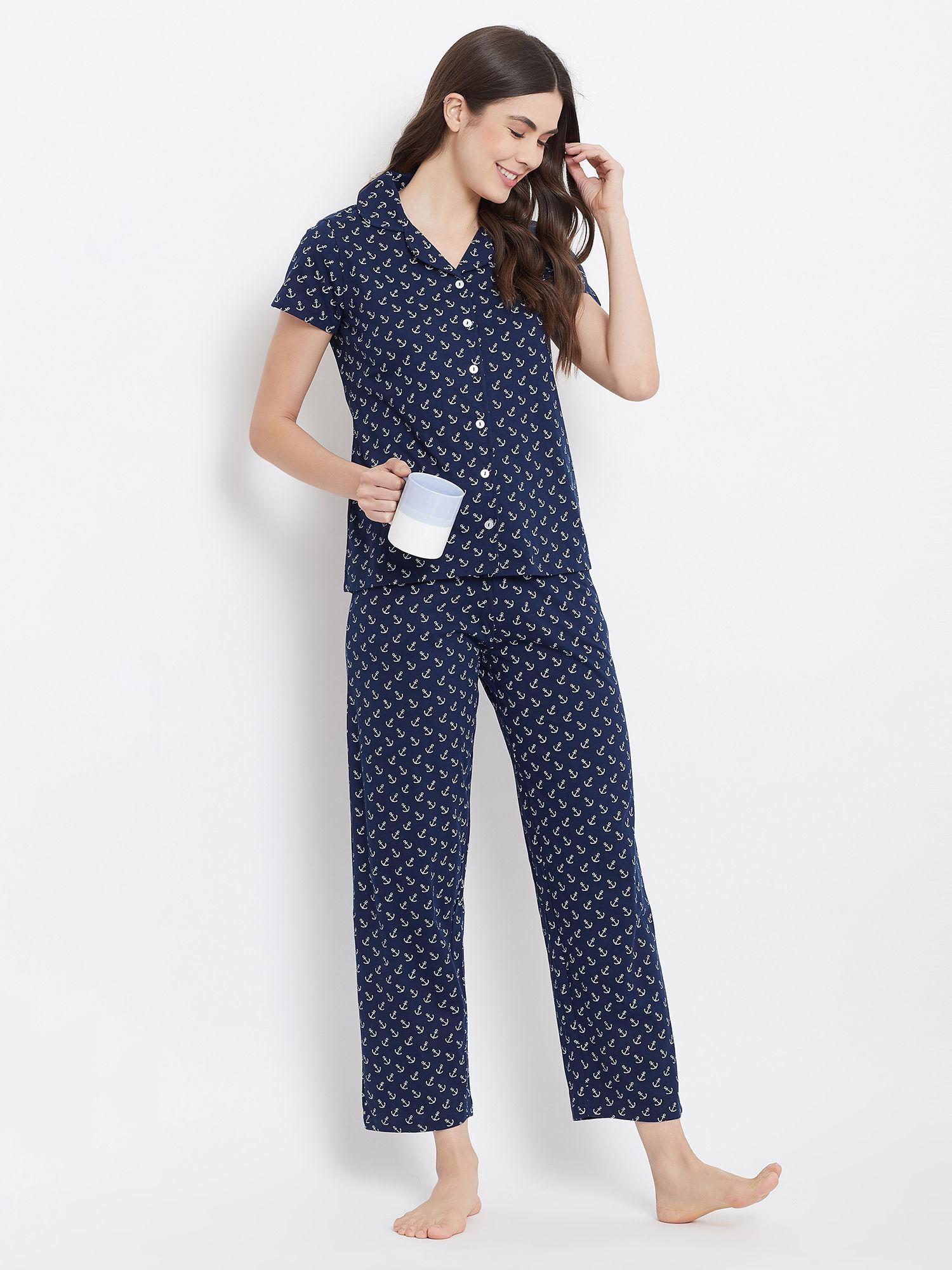 cotton printed button top & pyjama set - blue