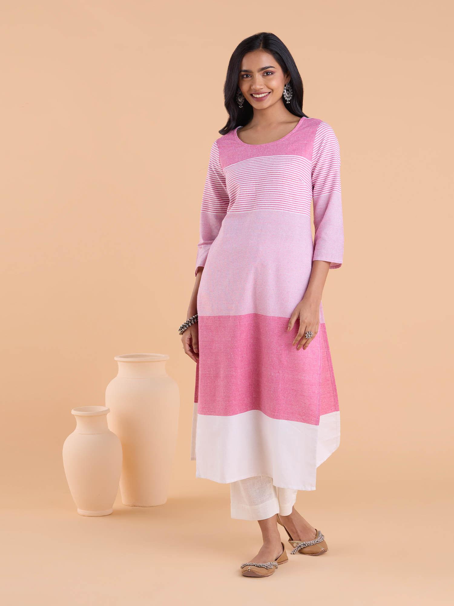 cotton printed color blocked striped kurta.