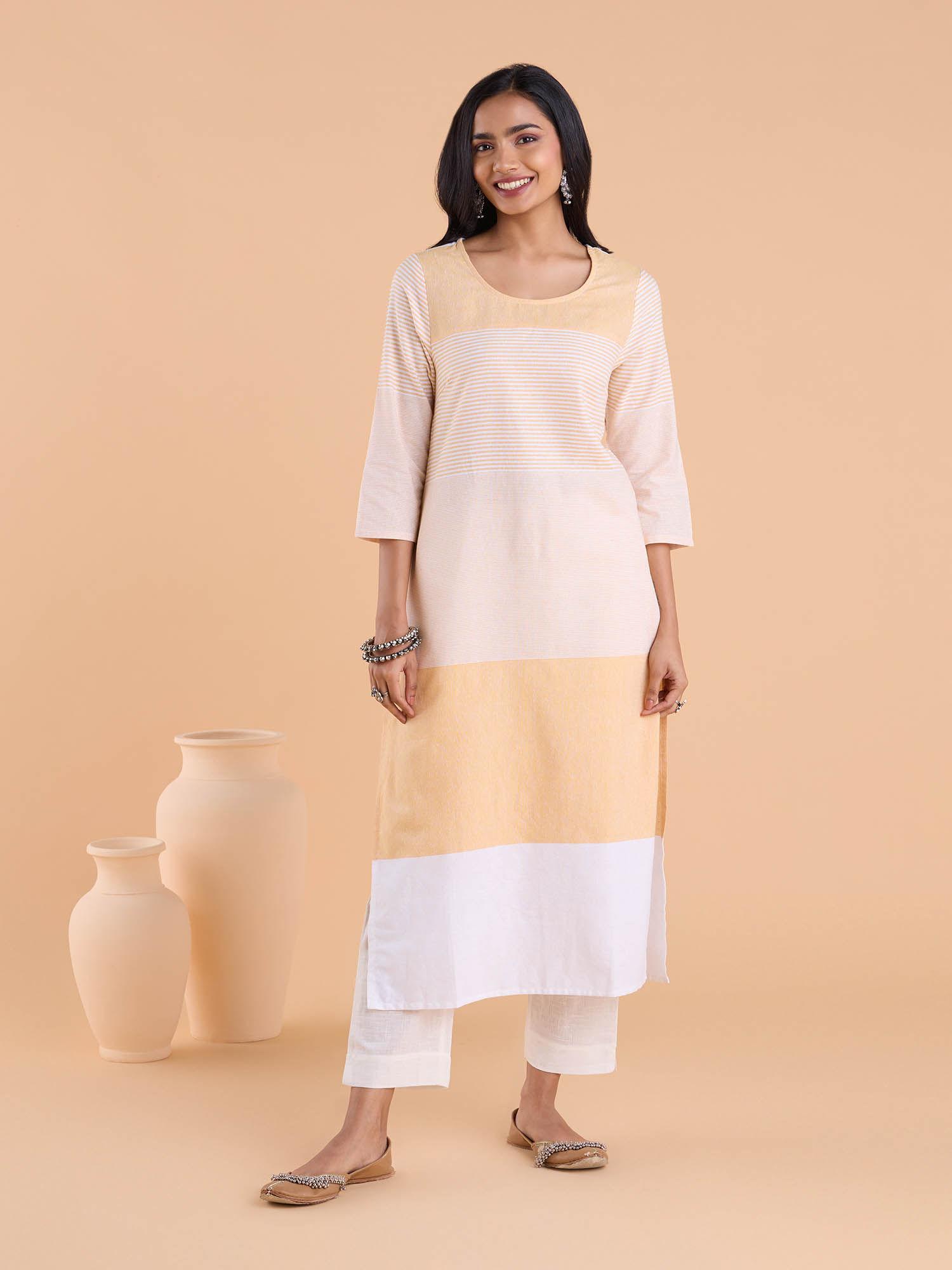 cotton printed color blocked striped kurta.