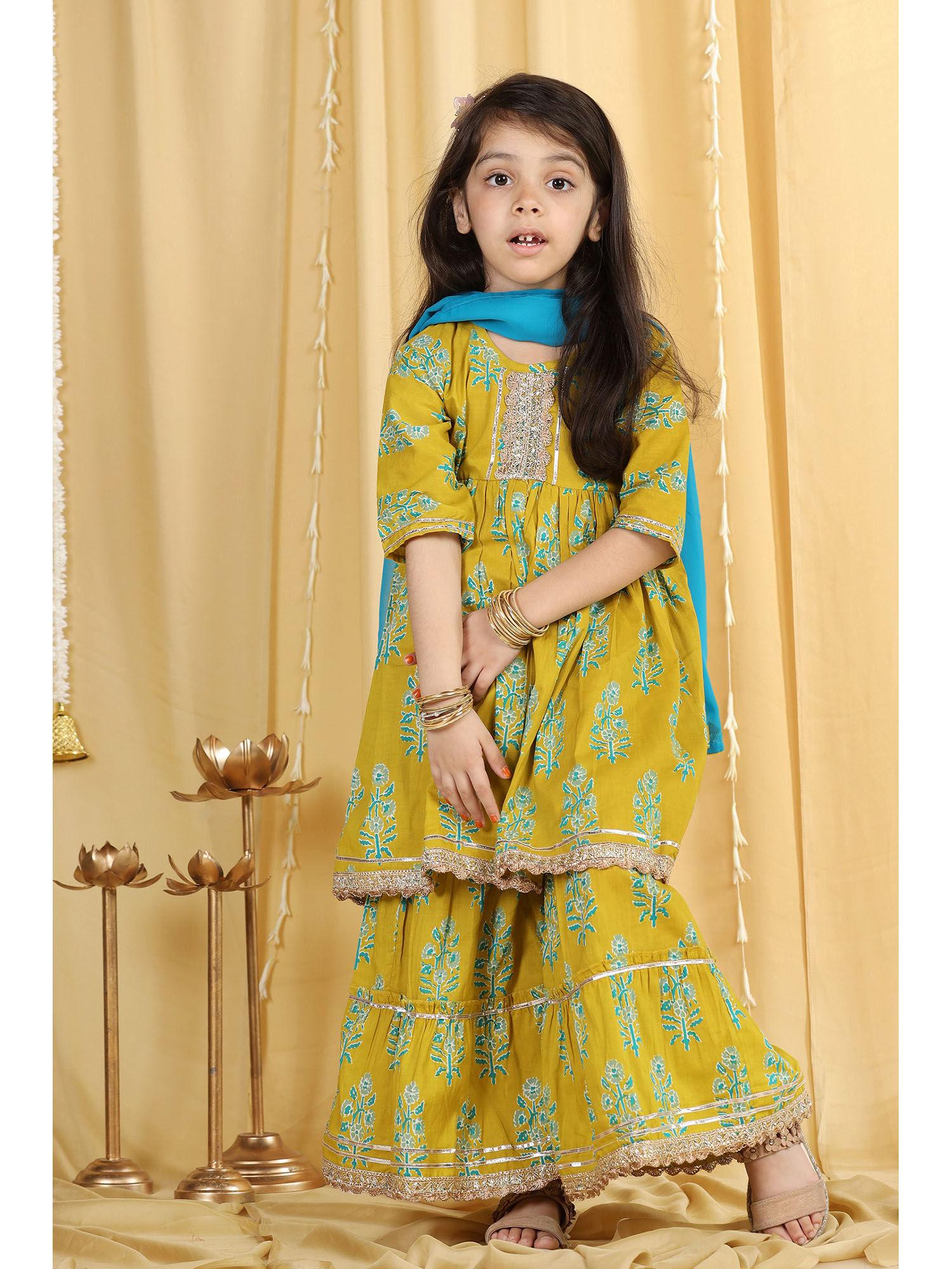 cotton printed floral sharara for girls green (set of 3)