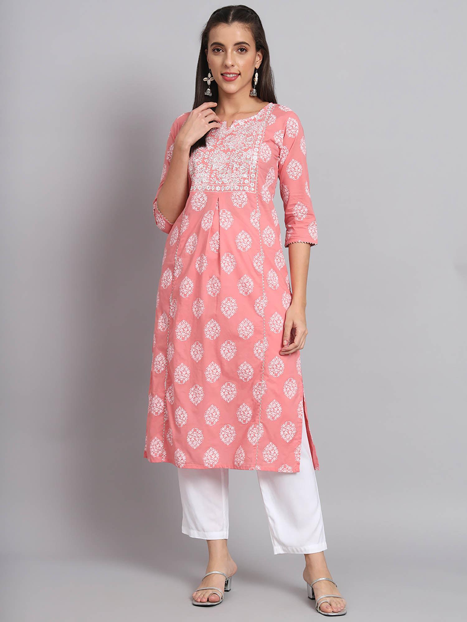 cotton printed kurta with embroidered yoke embellished with zig-zag gota lace