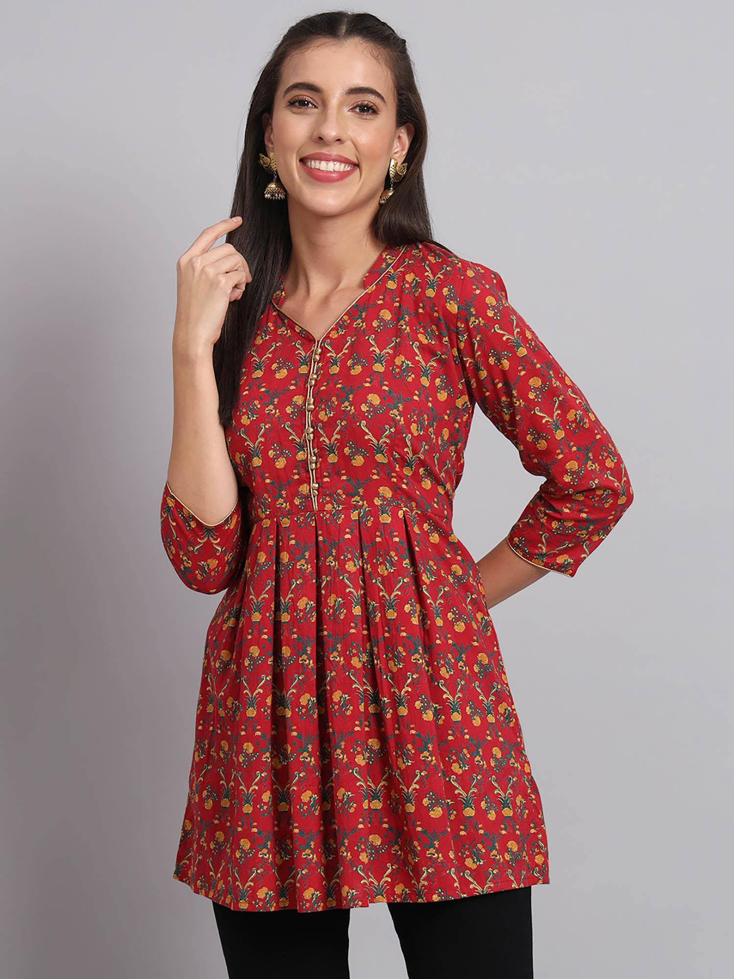 cotton printed mandarin collar short kurti with gold shimmer button embellishment