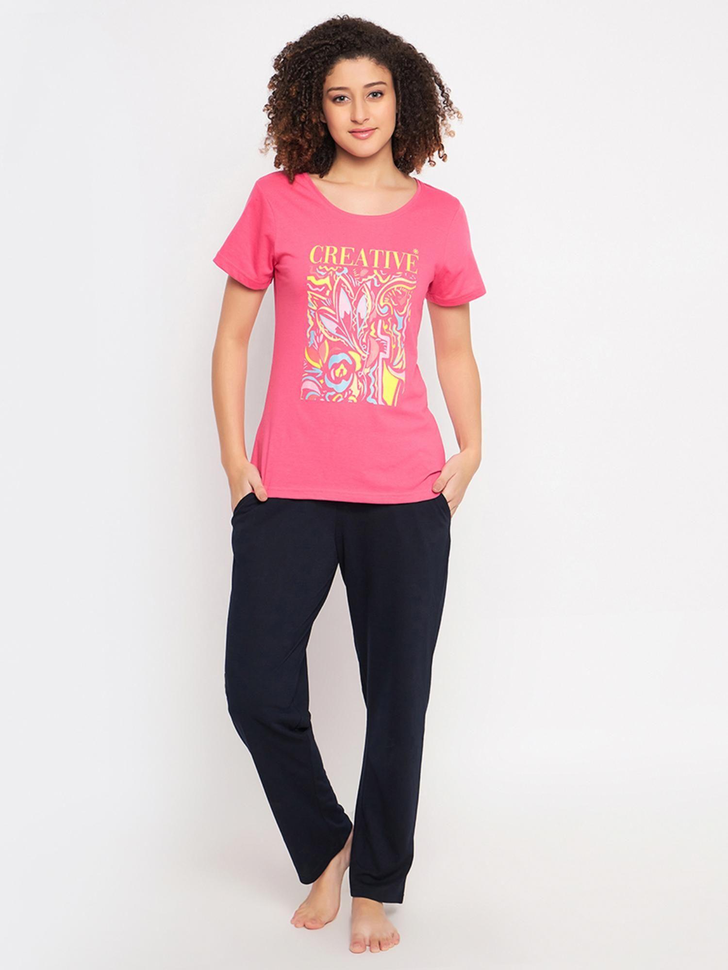 cotton printed round neck t-shirt and pyjama (set of 2)