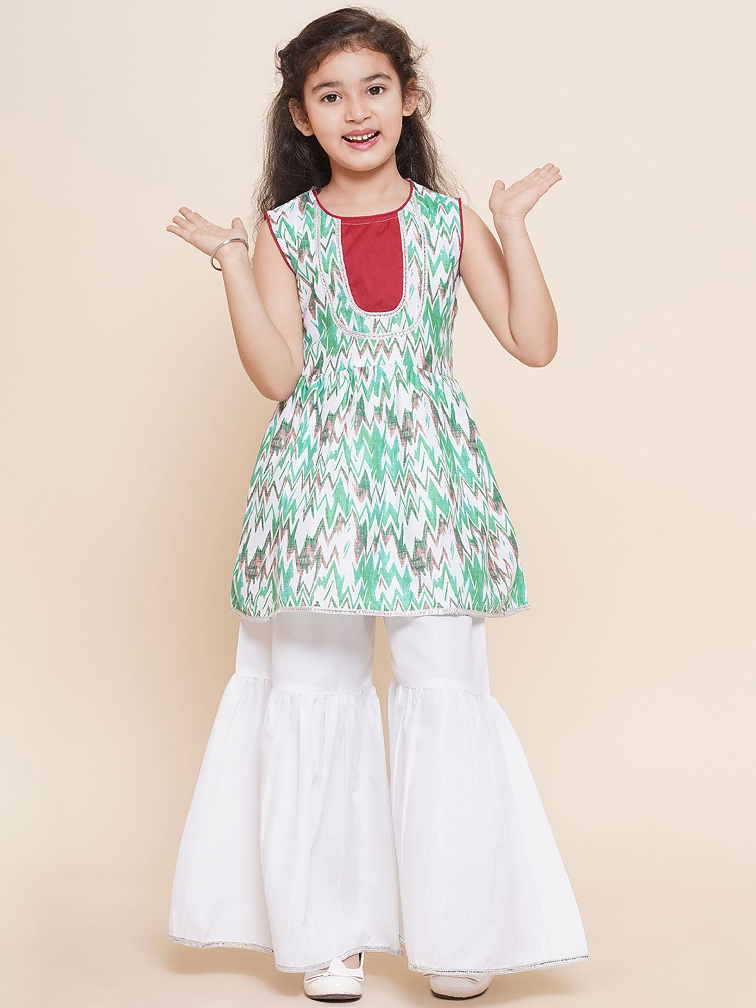 cotton printed sleeveless kurta sharara for girls white (set of 2)