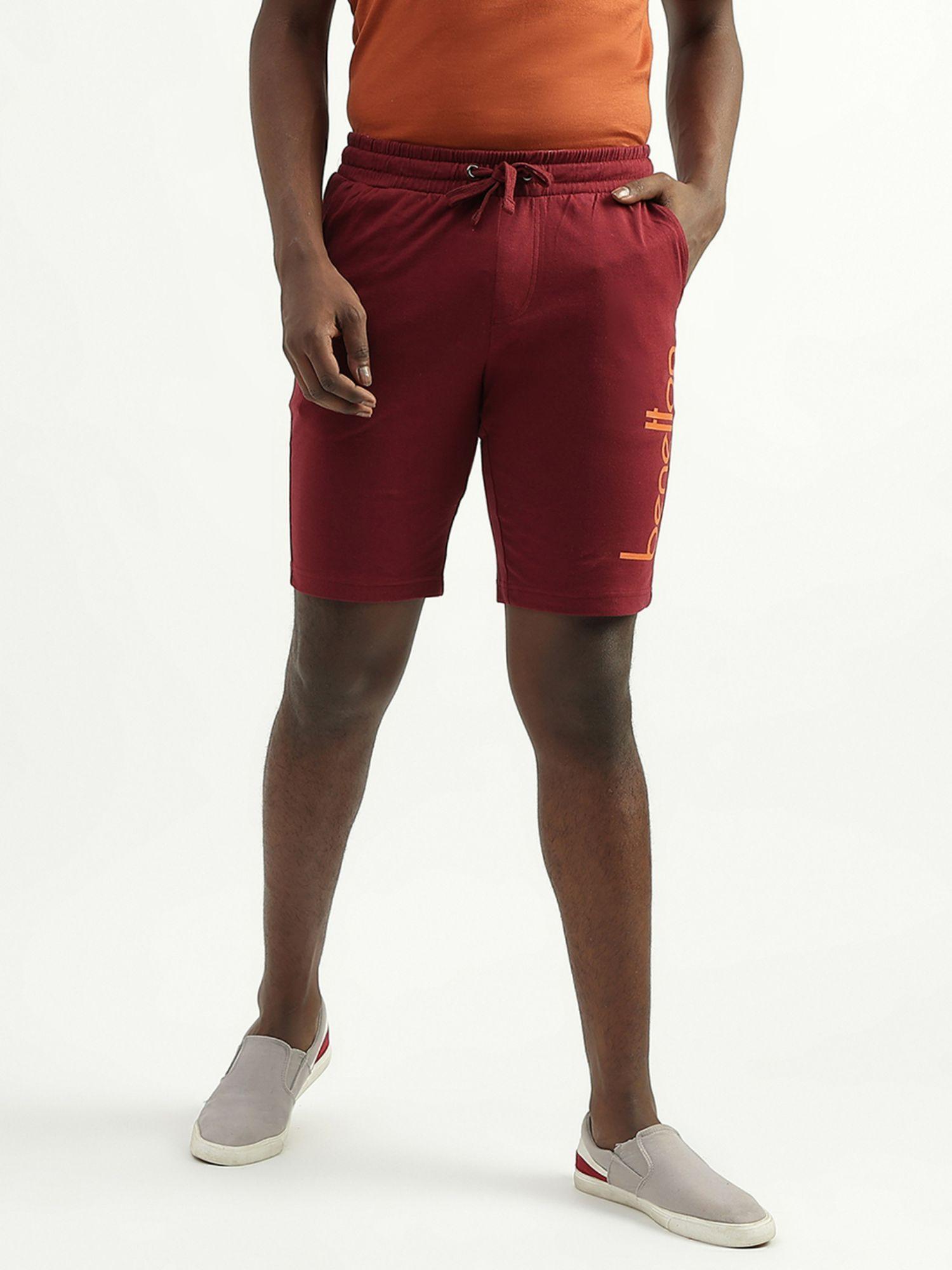 cotton printed slim fit mens shorts in maroon