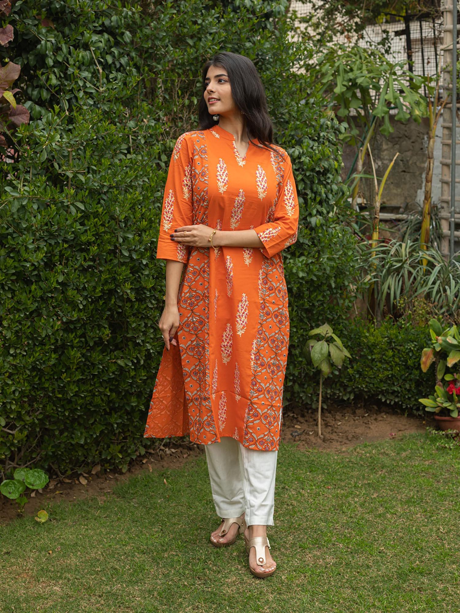 cotton printed straight kurta-orange