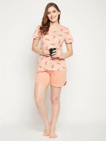 cotton printed top & basic boxer shorts set-peach