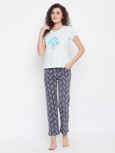 cotton printed top & pyjama set - blue