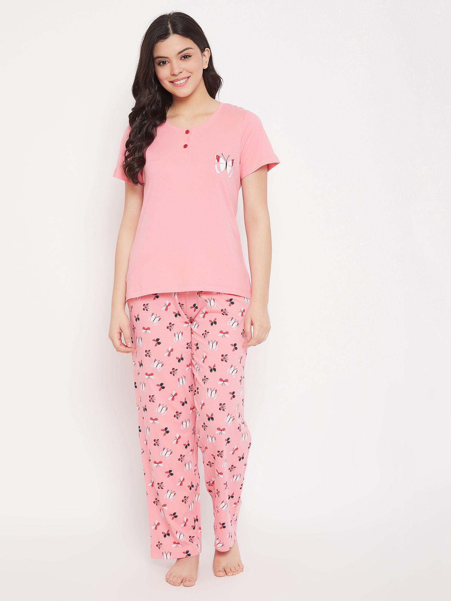 cotton printed top & pyjama set - pink