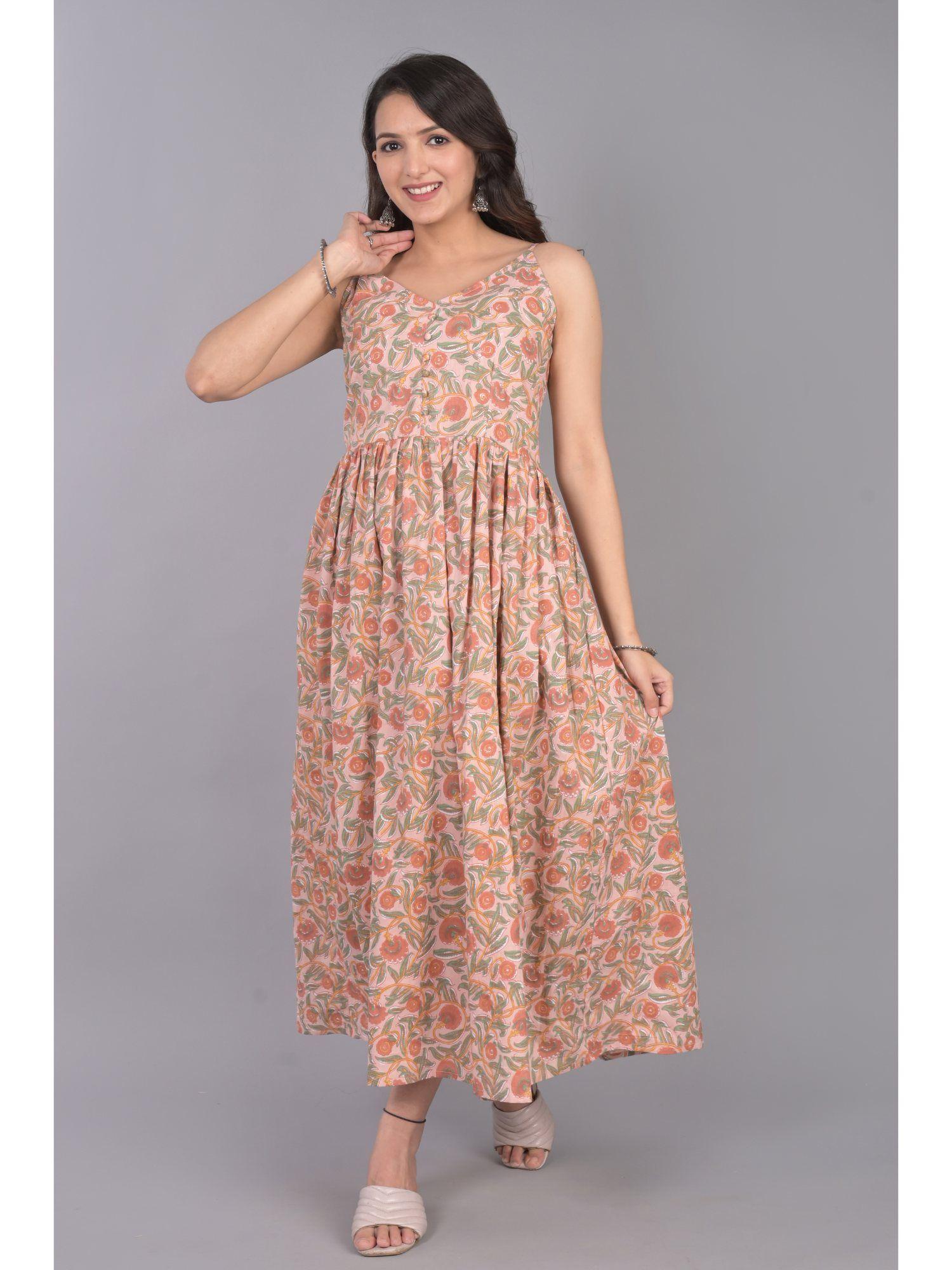 cotton printed v neck pink dress