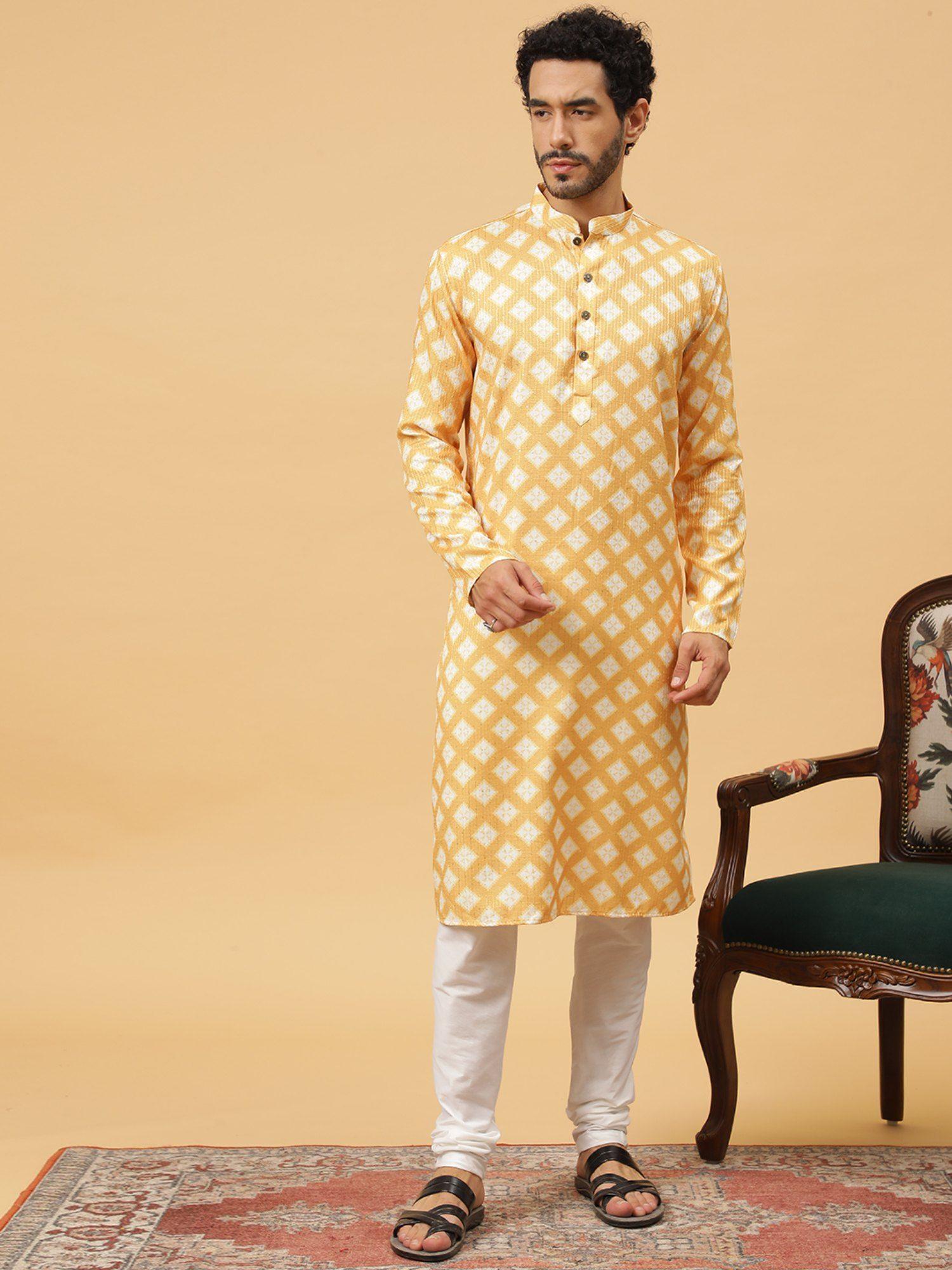 cotton printed yellow ethnicwear men kurta
