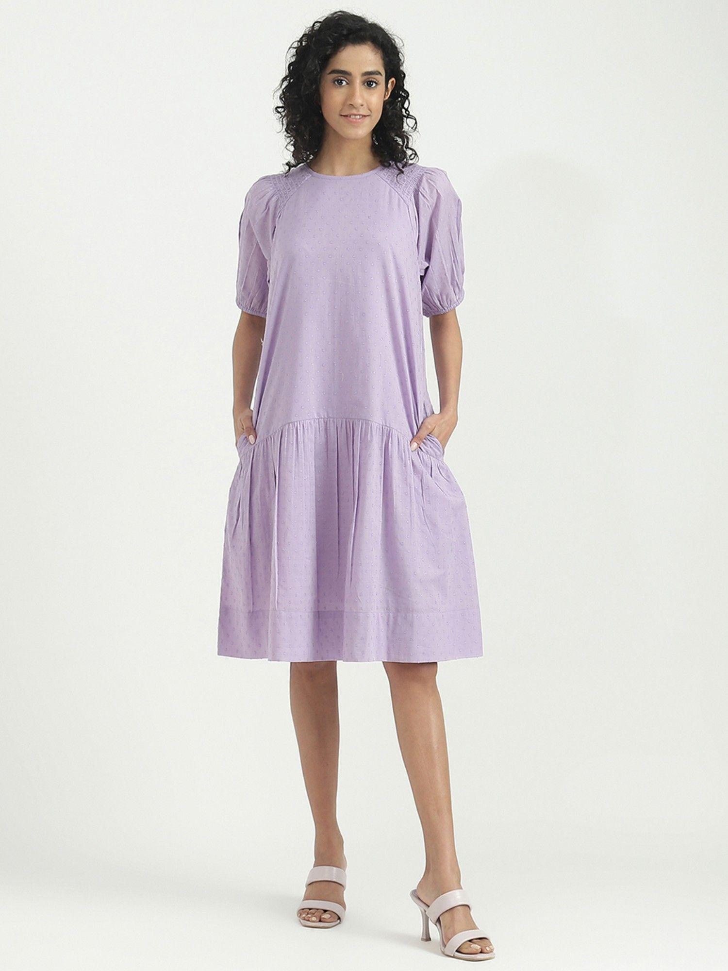 cotton purple embroidered round neck women dress