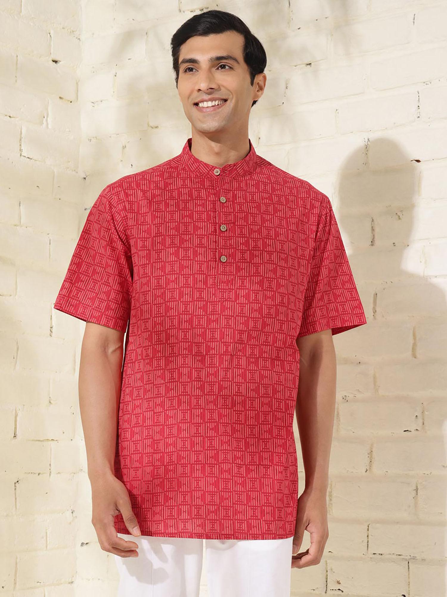 cotton red bagru print mandarin neck half sleeves regular fit men kurta