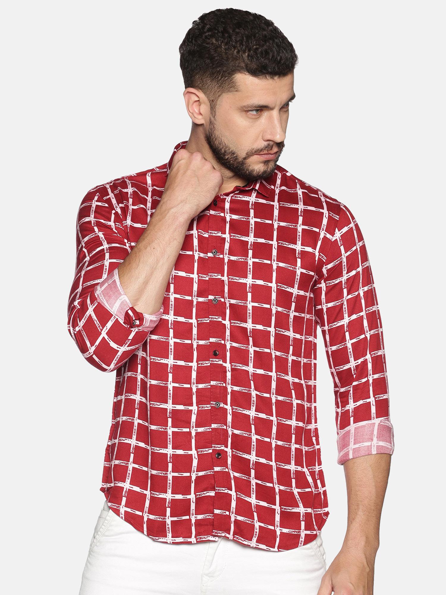 cotton red checks printed slim fit shirt