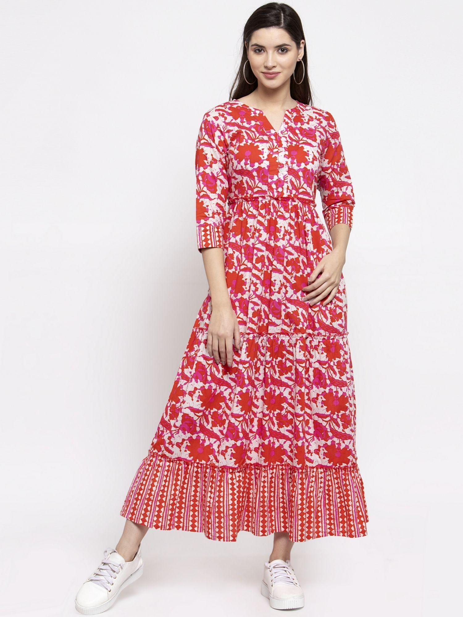 cotton red print three tiered a-line dress