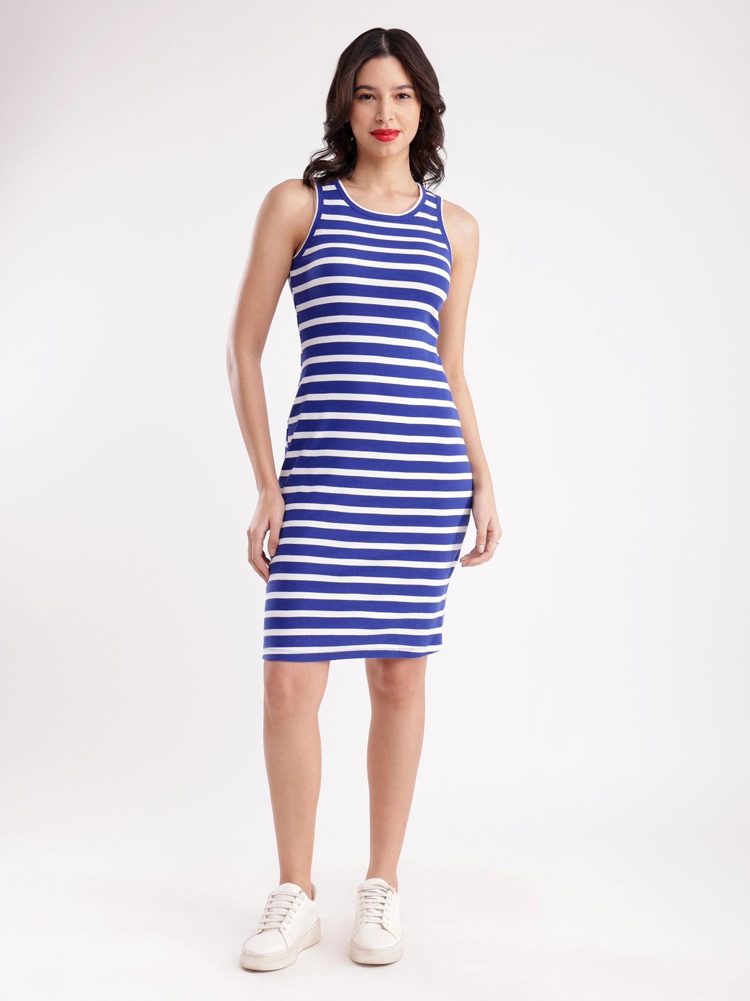 cotton rib knit striped dress - blue and white