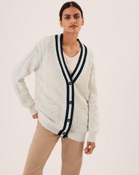 cotton rich cable knit v-neck cardigan