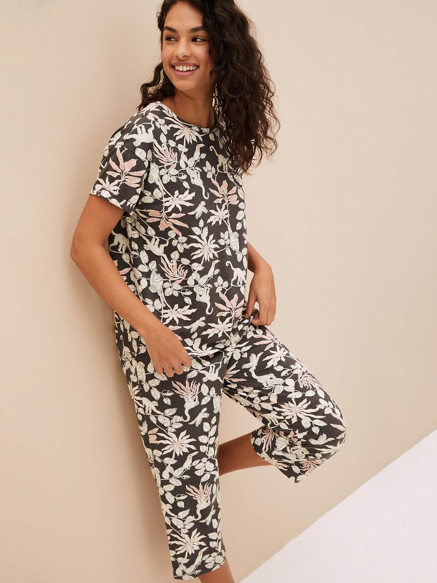 cotton rich jungle print cropped t-shirt and pyjama (set of 2)