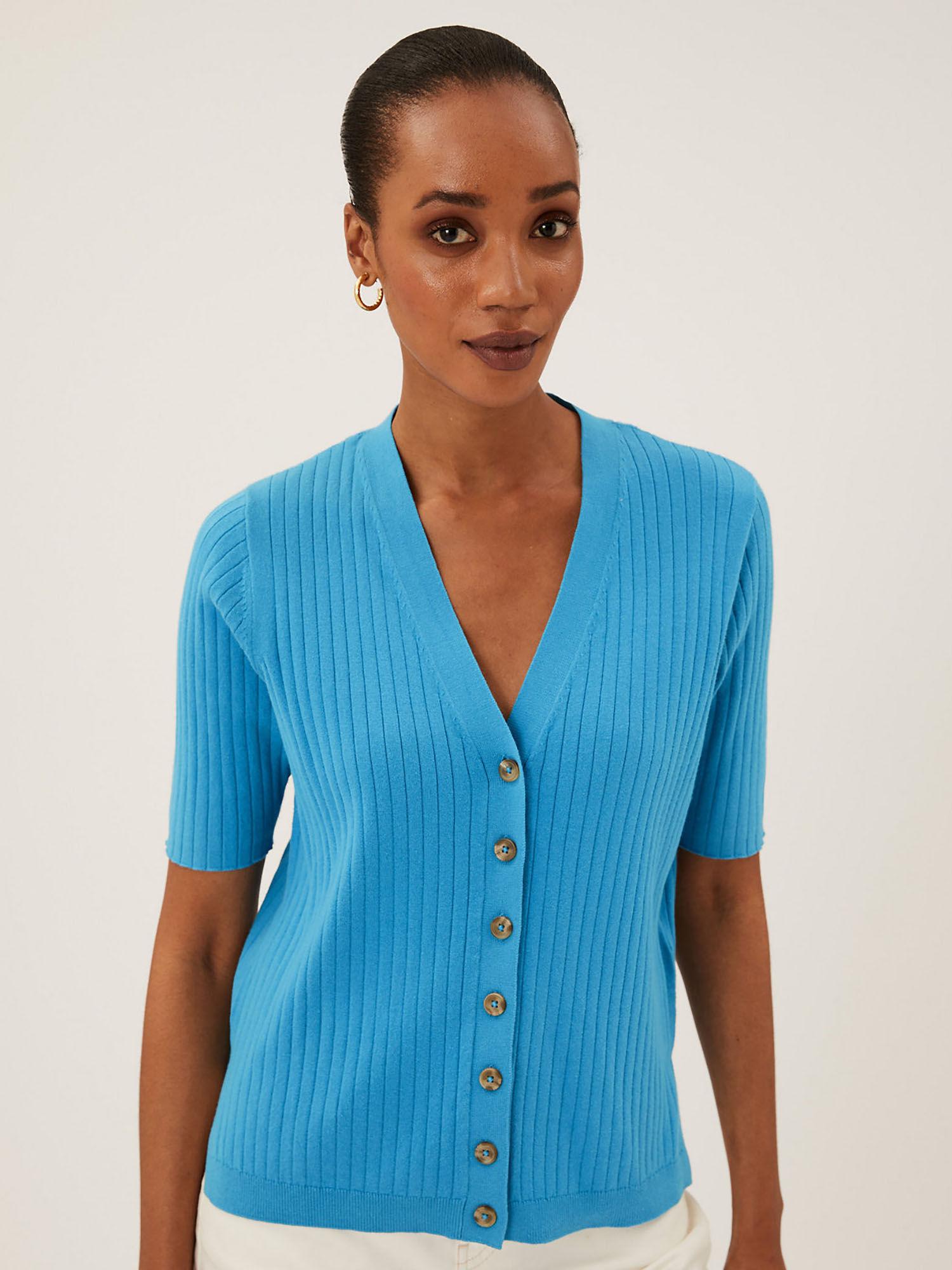 cotton rich knitted v neck blue cardigan