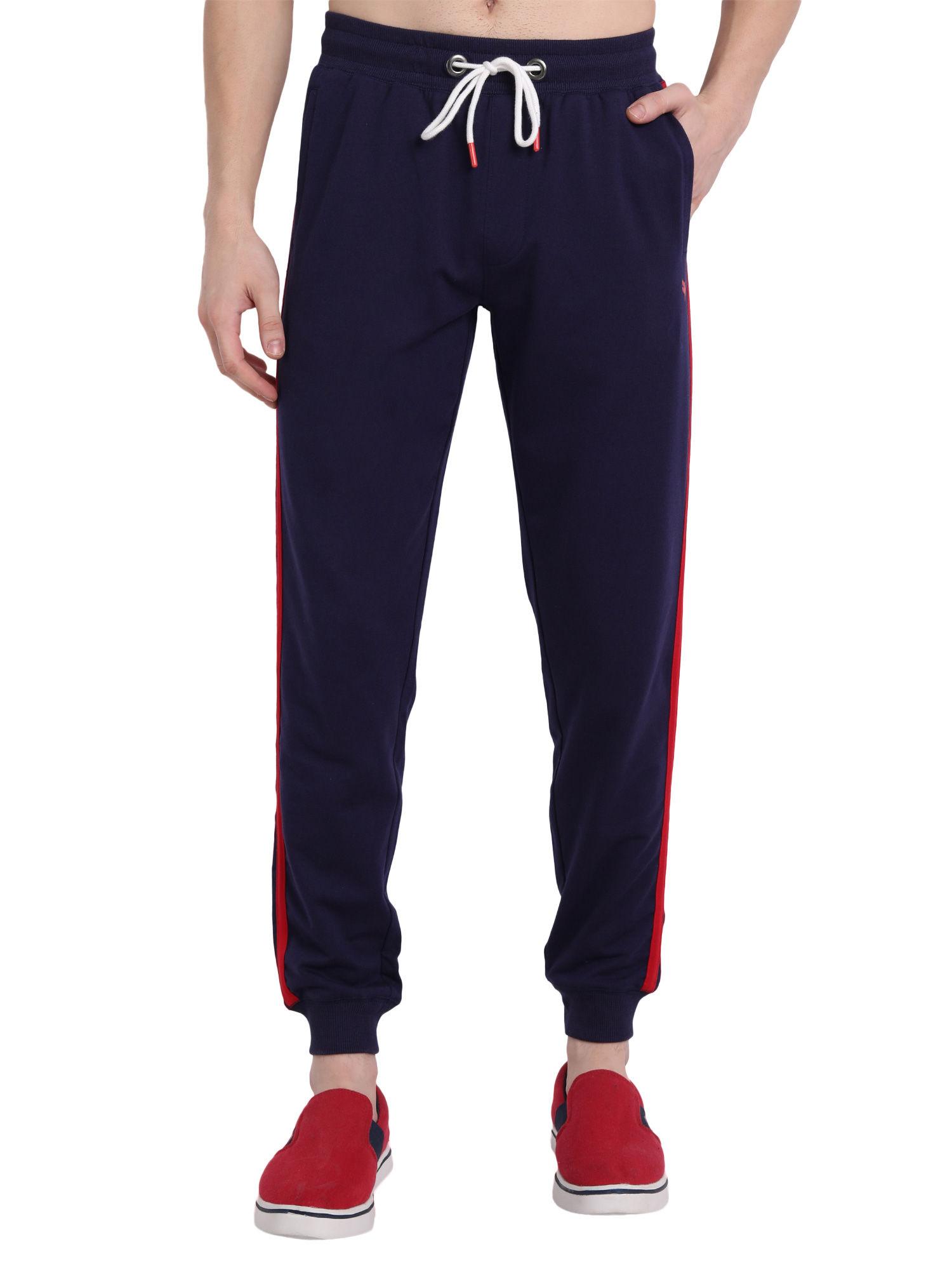 cotton rich lycra with solid tape joggers in navy blue