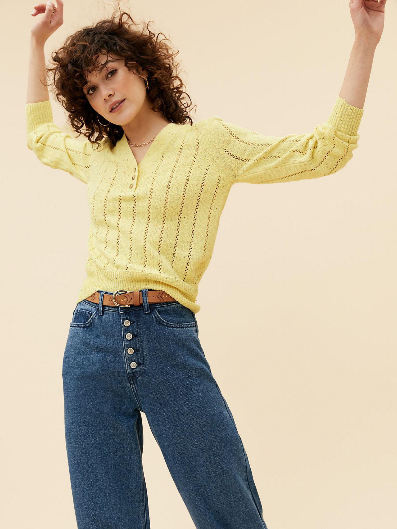 cotton rich pointelle v neck yellow sweater