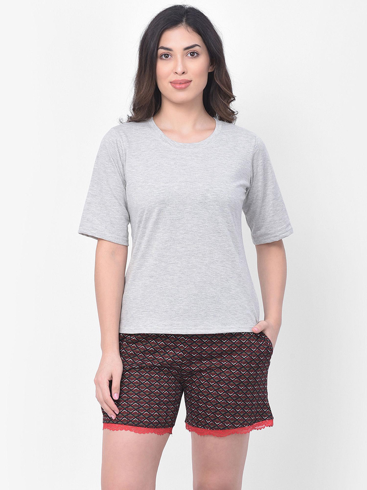cotton rich printed boxer shorts with lace hem & t-shirt set - black & grey