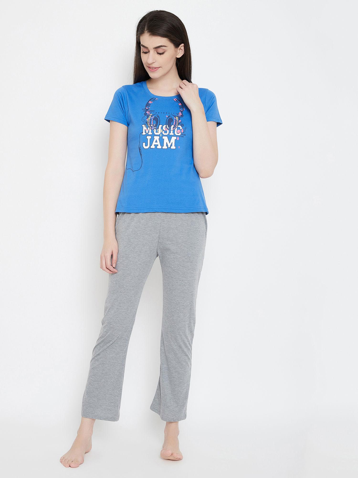 cotton rich text printed t-shirt & pyjama - blue