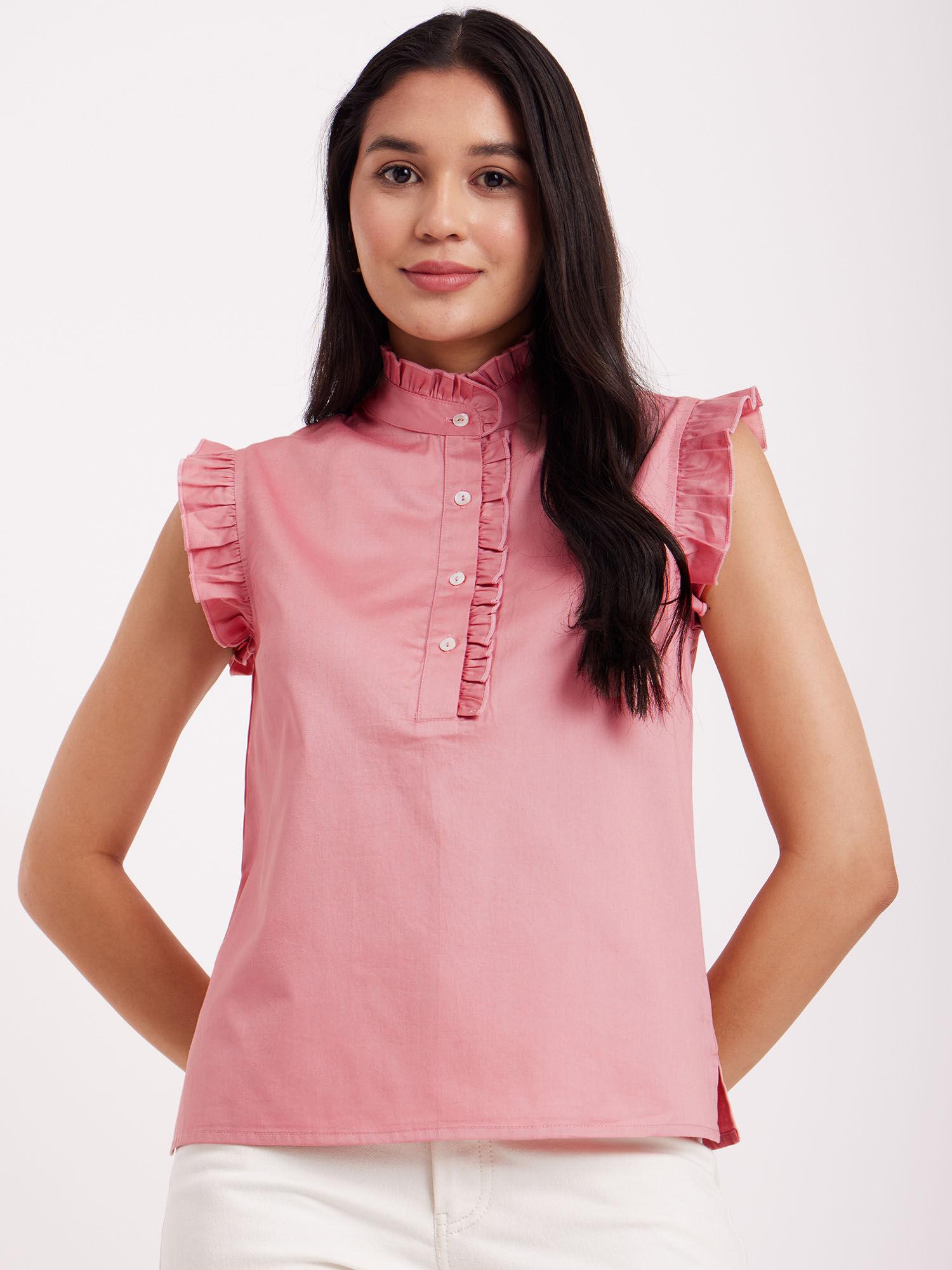 cotton ruffle detail top - pink