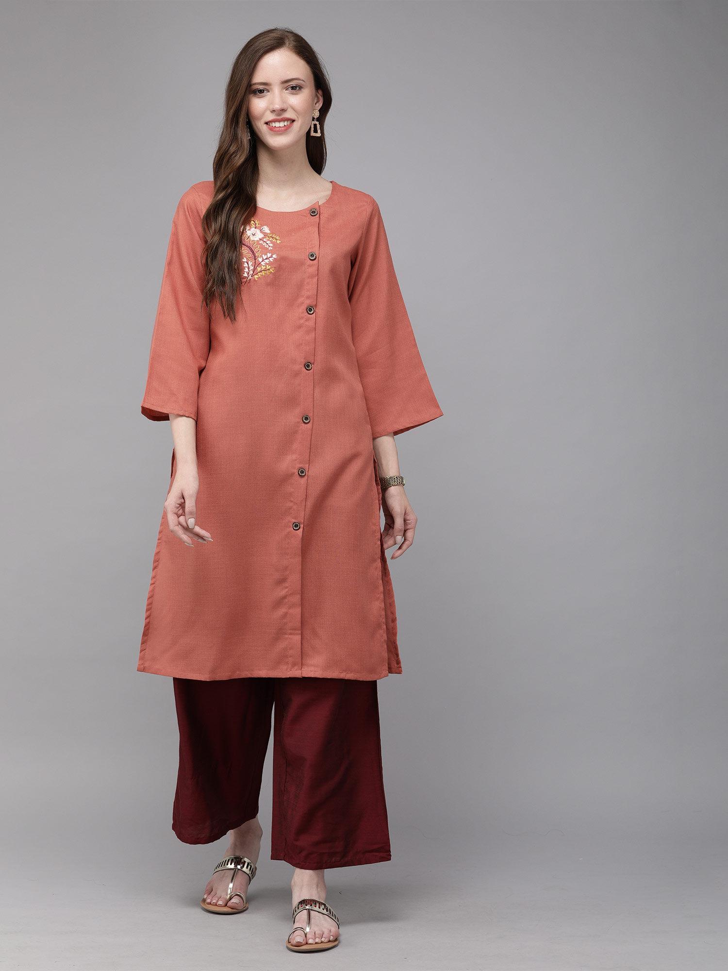 cotton rust embroidered straight casual kurta