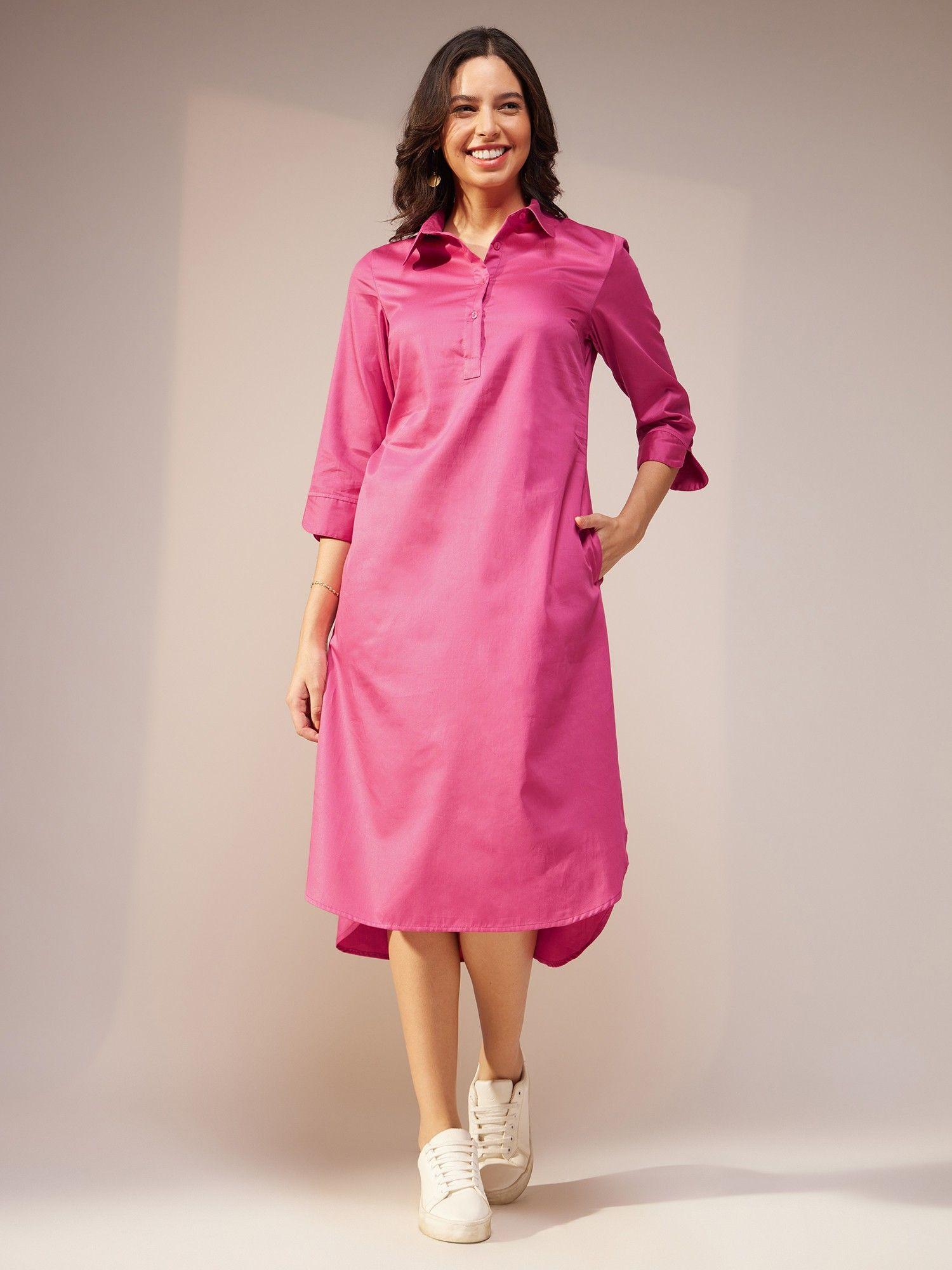 cotton satin solid shirt dress - pink