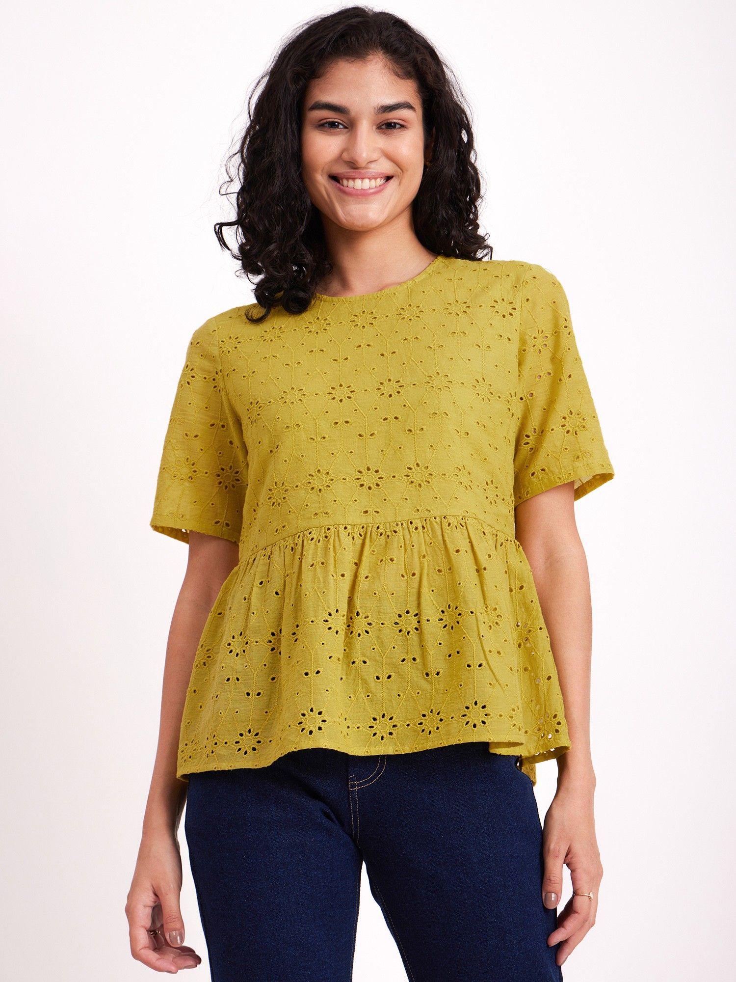 cotton schiffli a-line top - lime