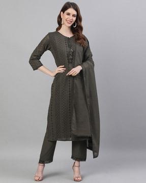 cotton schiffli embroidered a-line kurta set