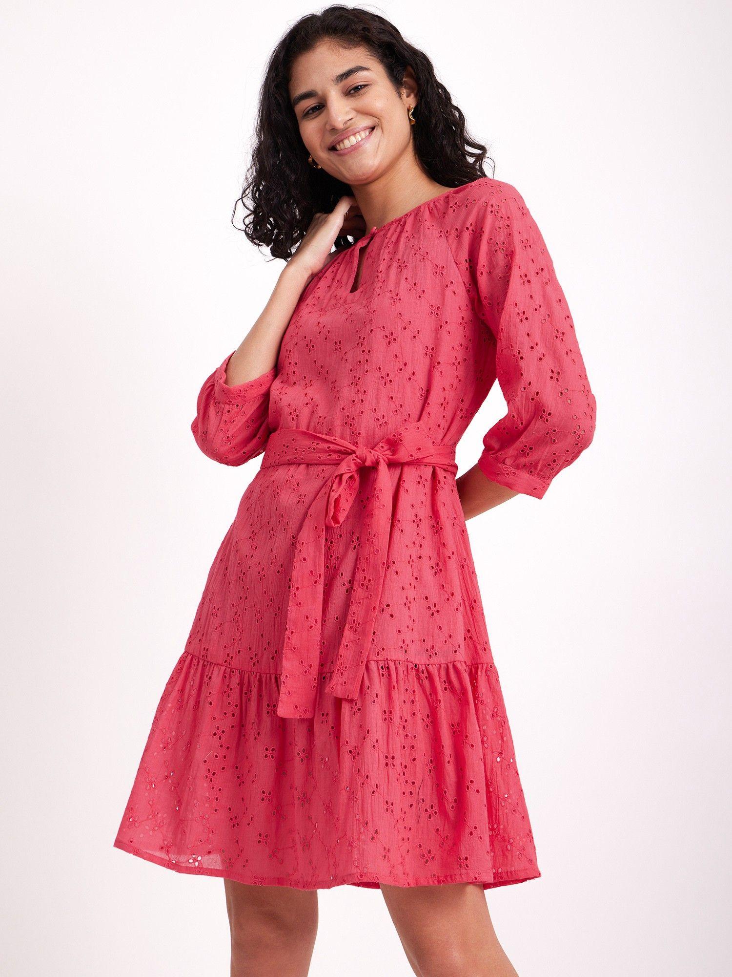 cotton schiffli tiered dress - pink (set of 2)
