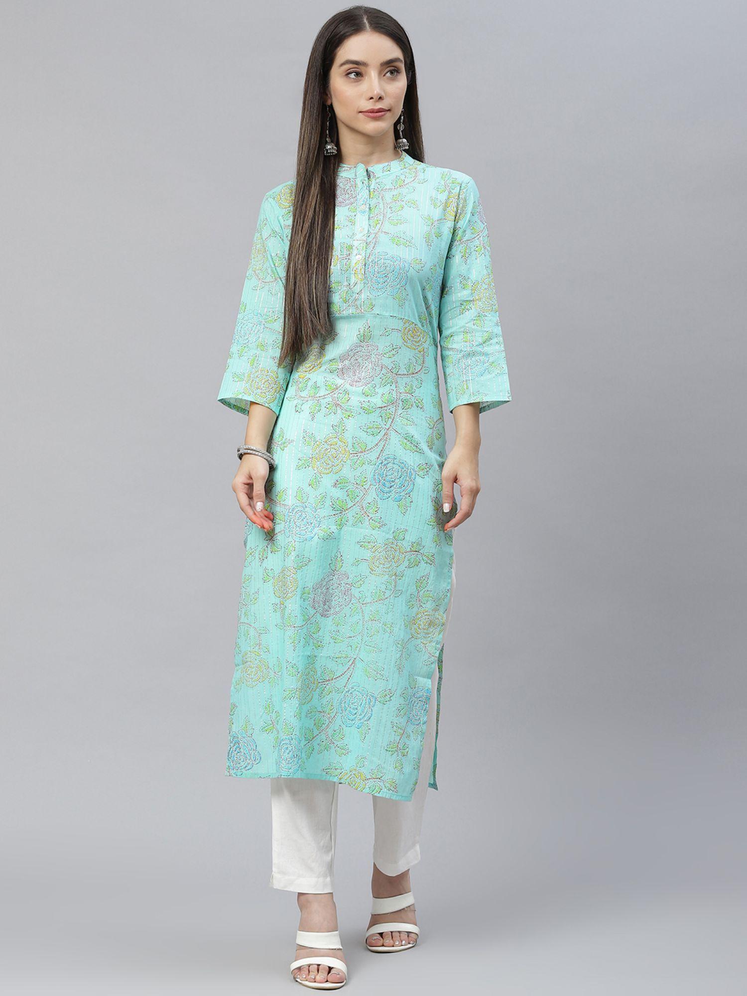 cotton sea green lurex floral print straight kurta