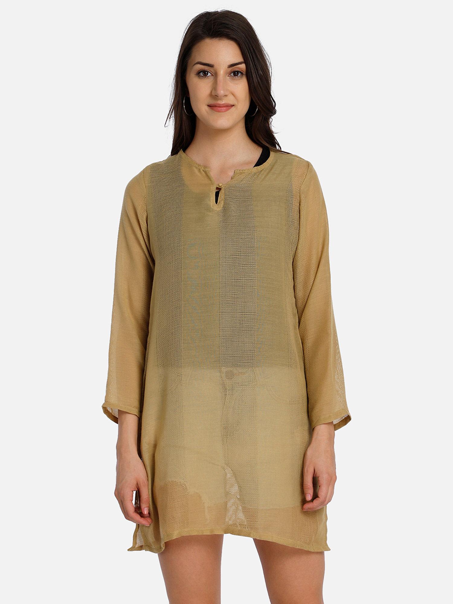 cotton semi-sheer solid beige tunic dress with key-hole neck