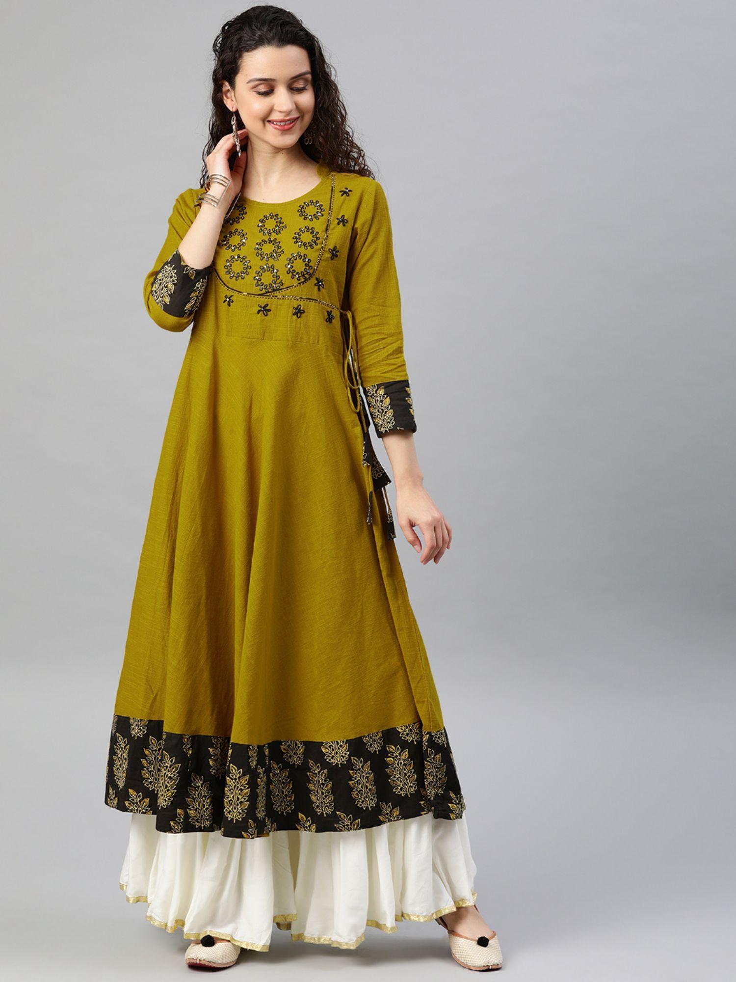 cotton sequin work angrakha kurta-mustard