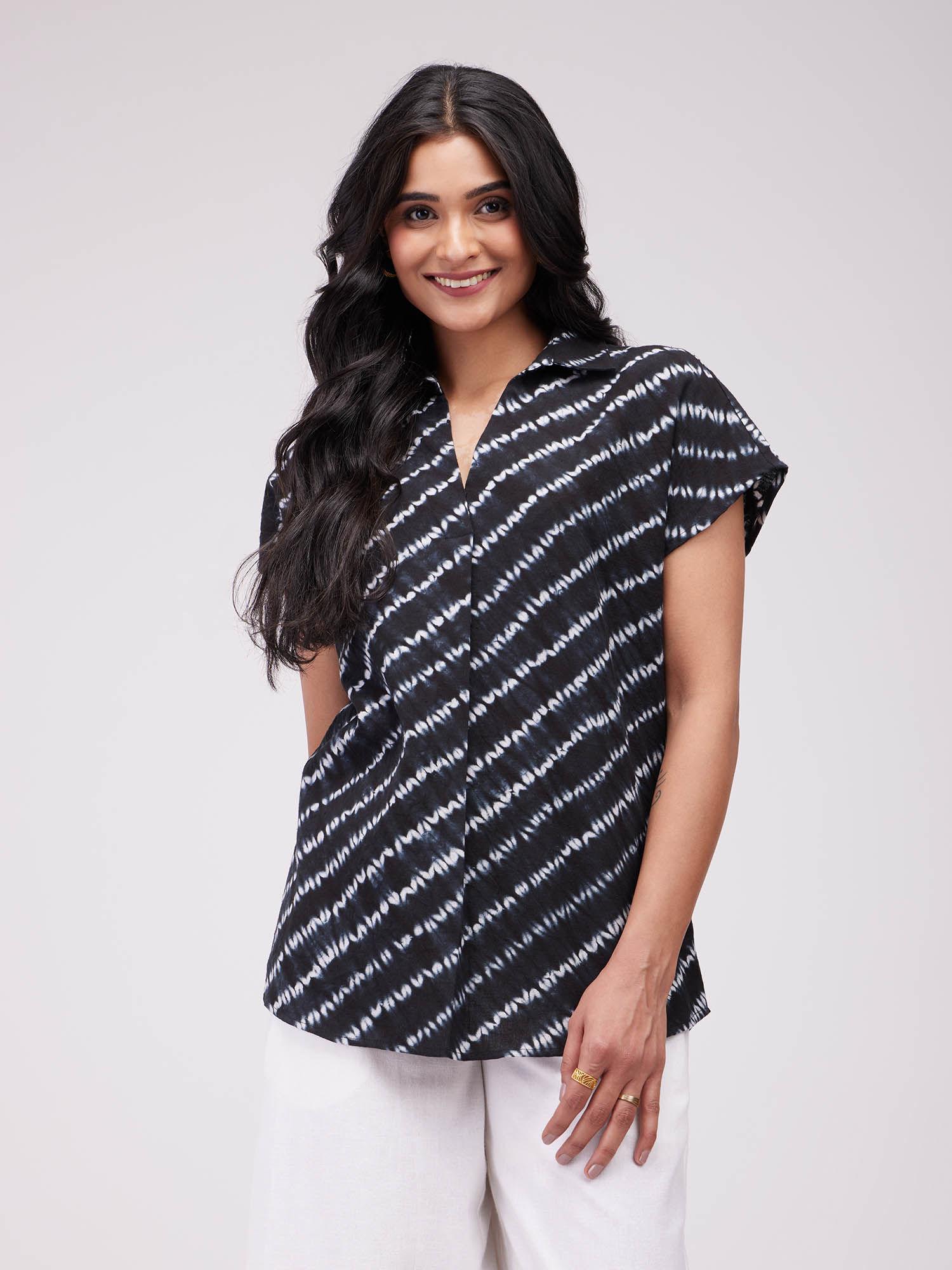 cotton shibori striped shirt- black