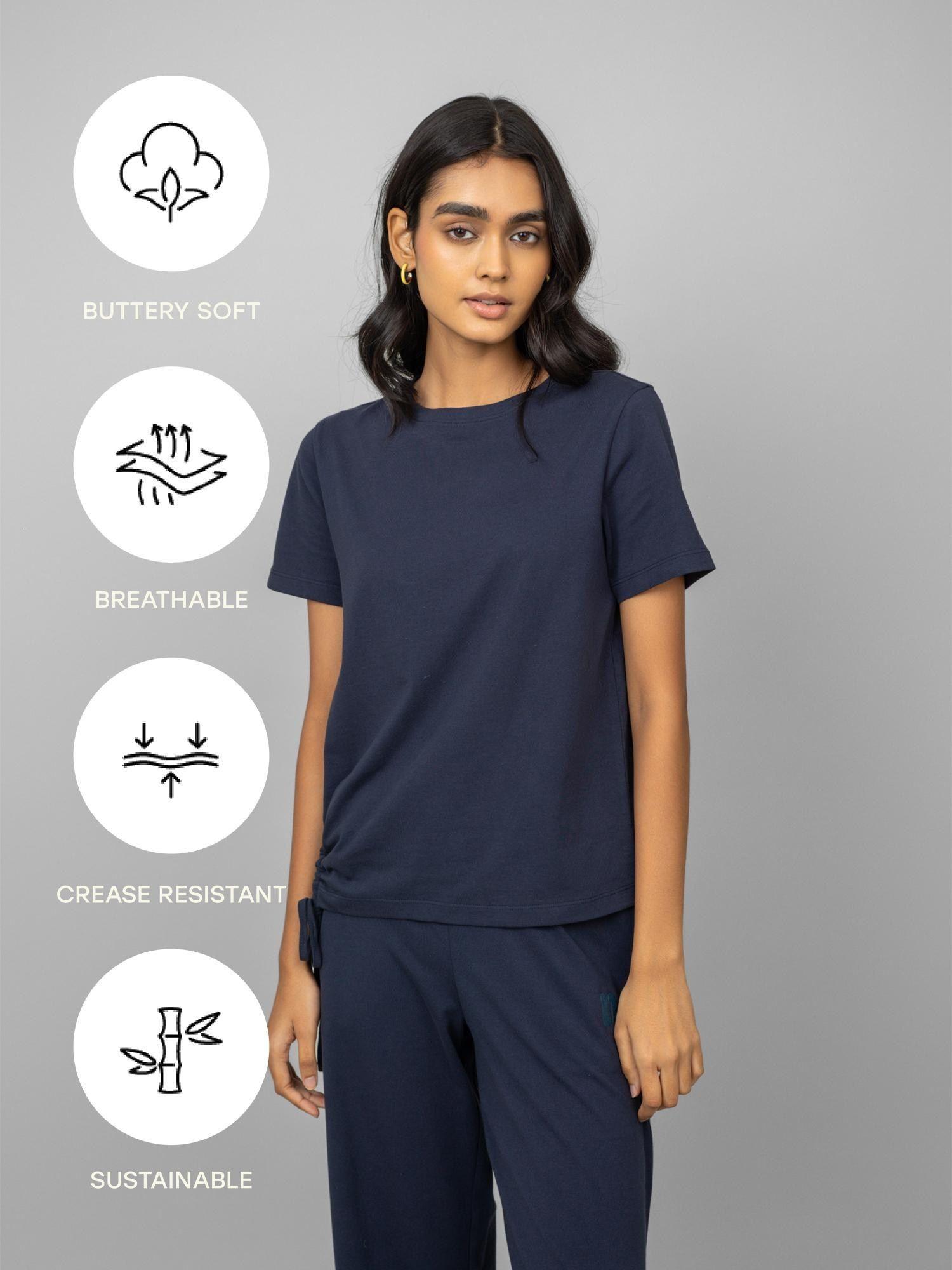 cotton side ruched navy t-shirt
