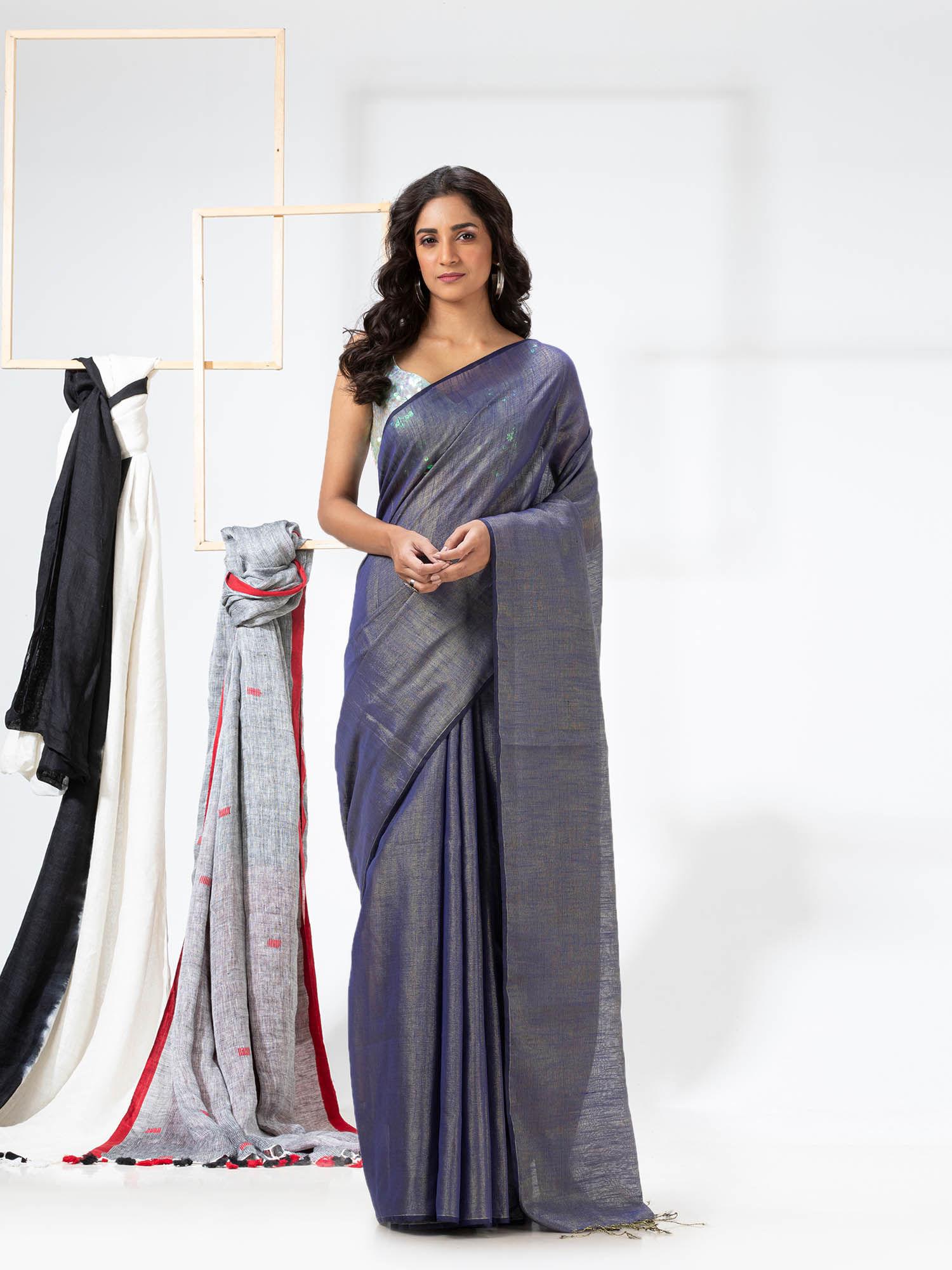 cotton silk blue handloom tissue saree with unstitched blouse