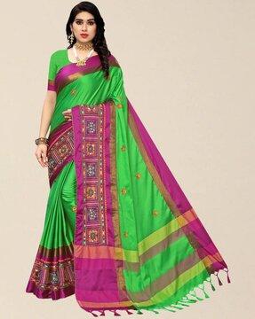 cotton silk embroidered saree with unstitched blouse