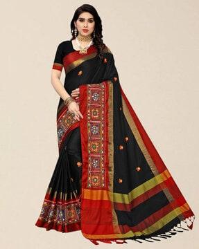 cotton silk embroidered saree with unstitched blouse