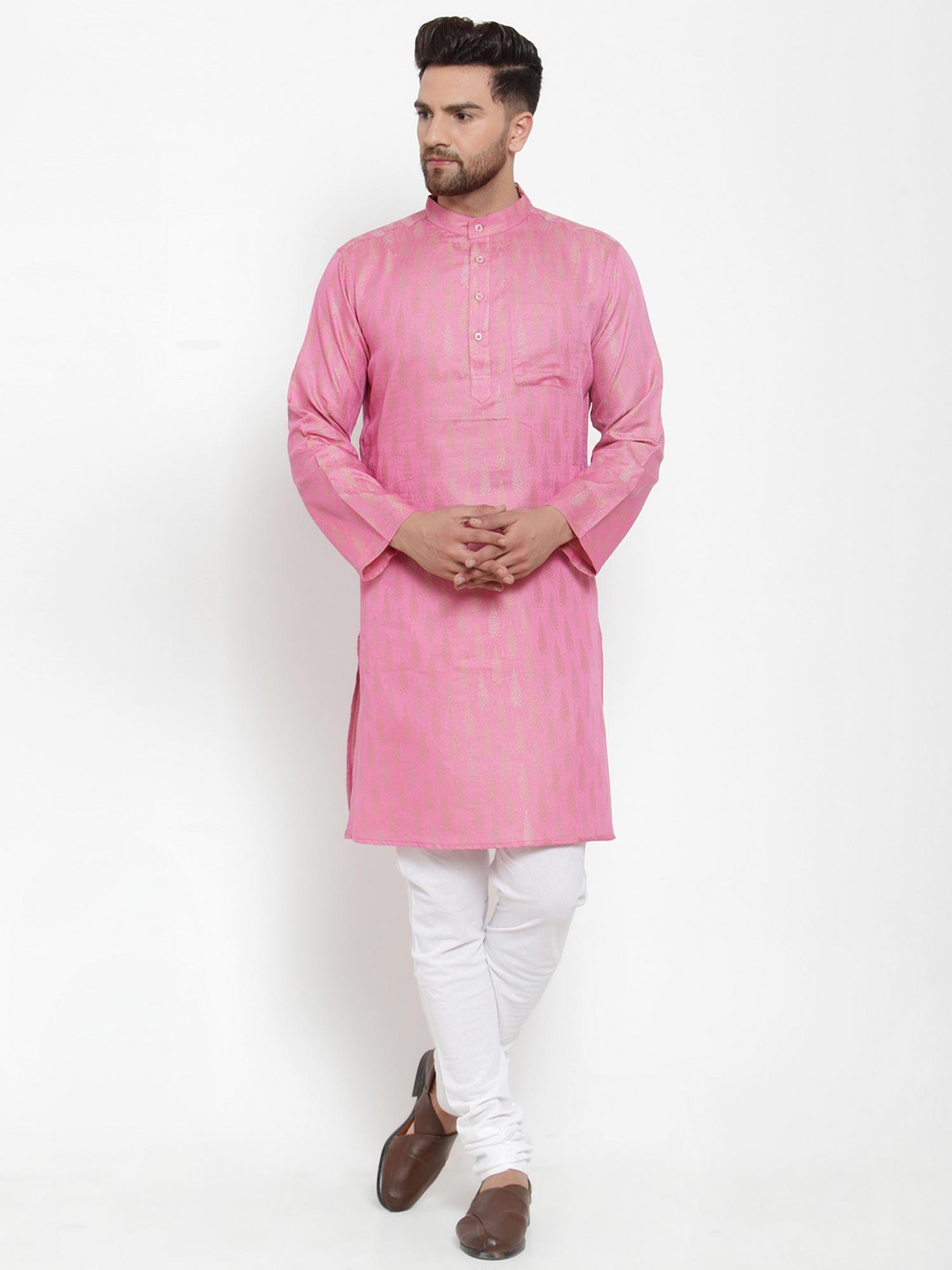 cotton silk floral long kurta- pink