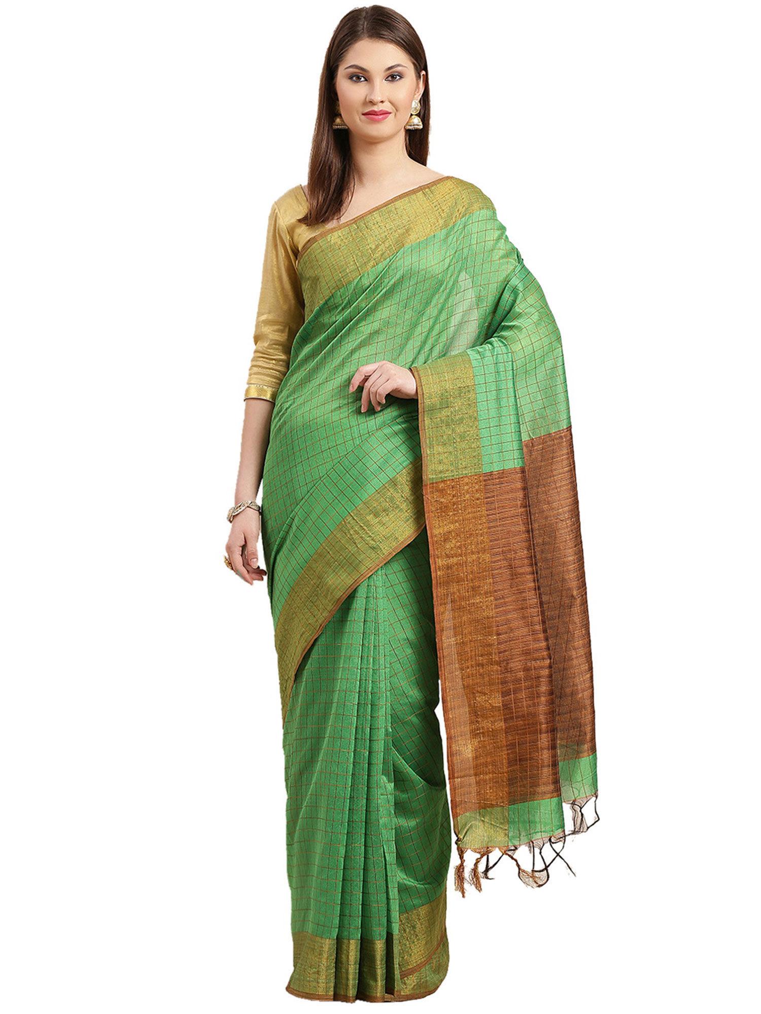 cotton silk green saree with unstitched blouse