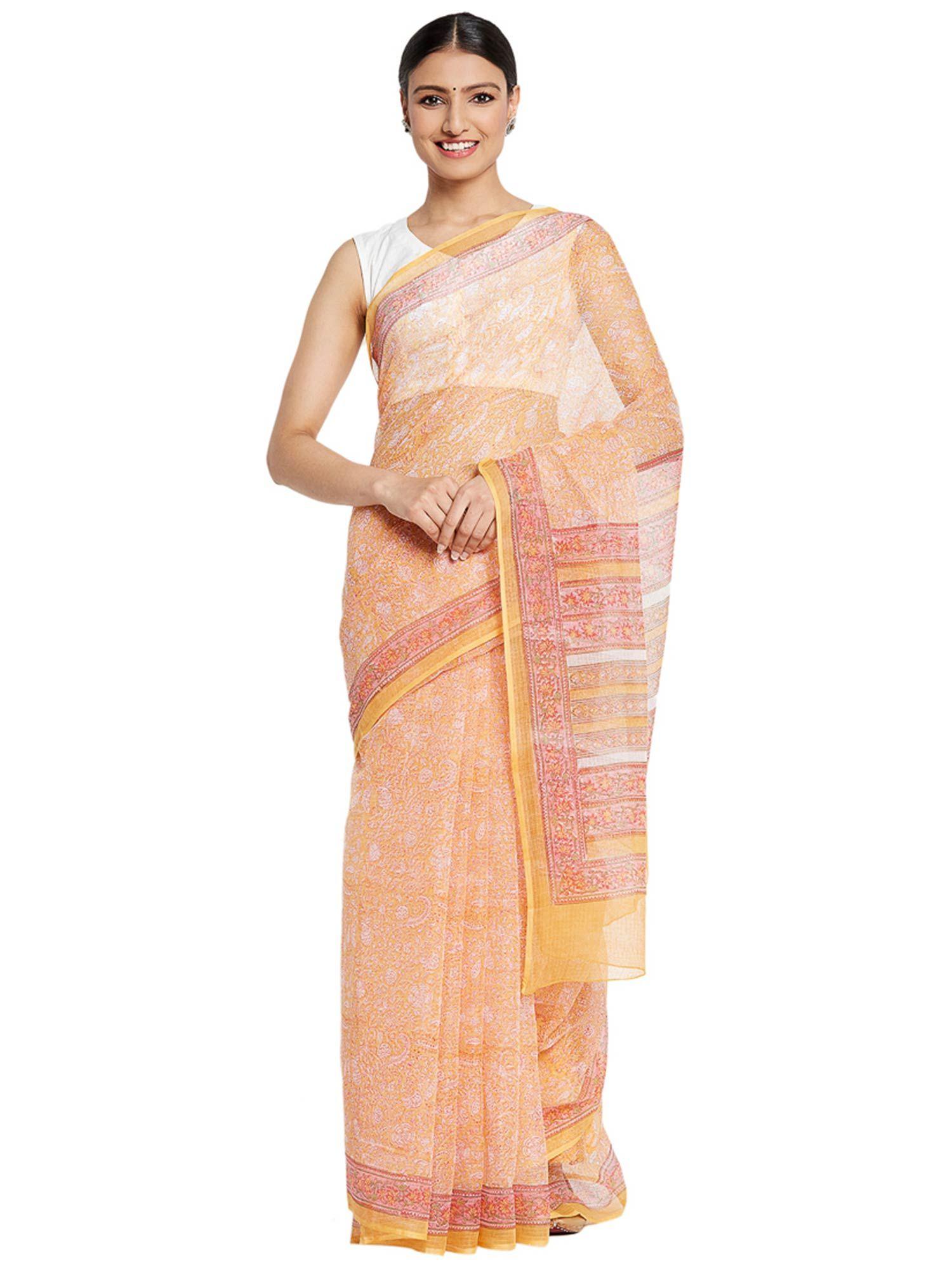 cotton silk hand block print sari (orange)